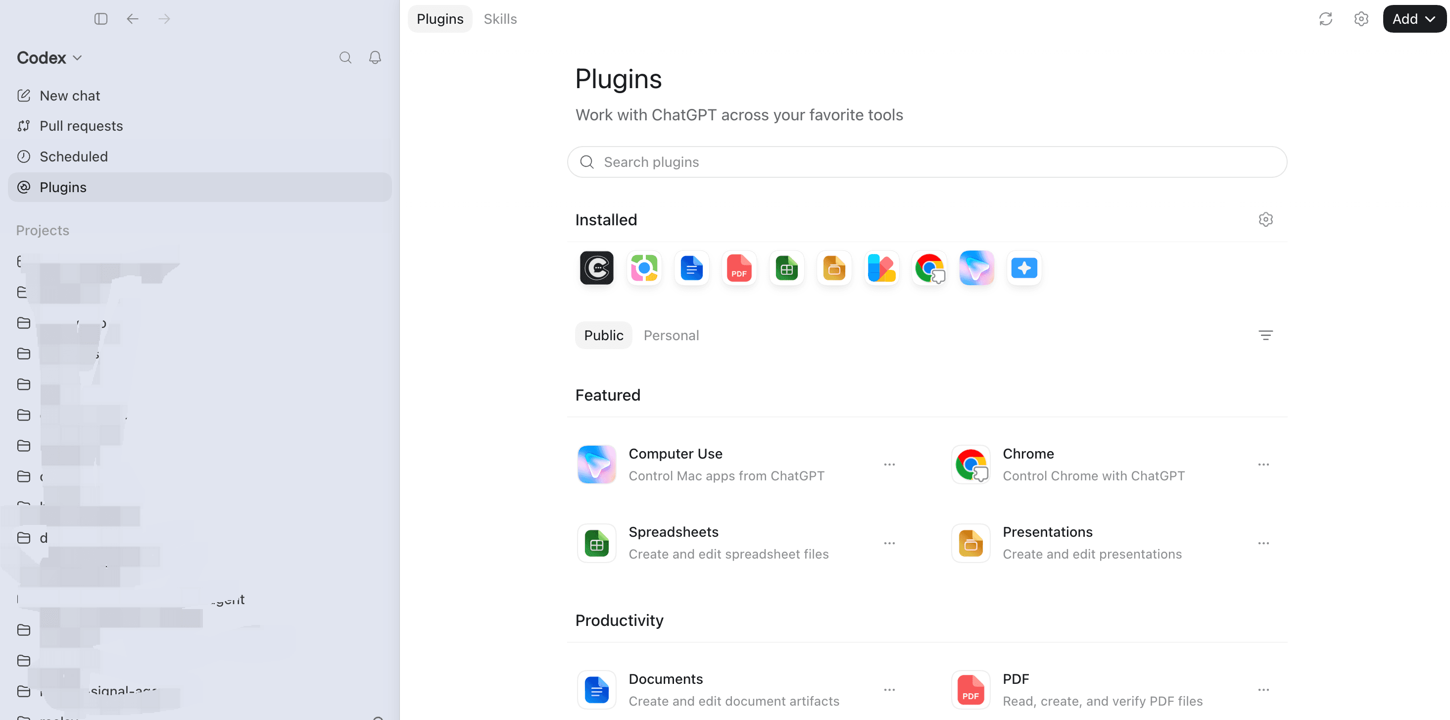 ChatGPT Desktop Plugins panel