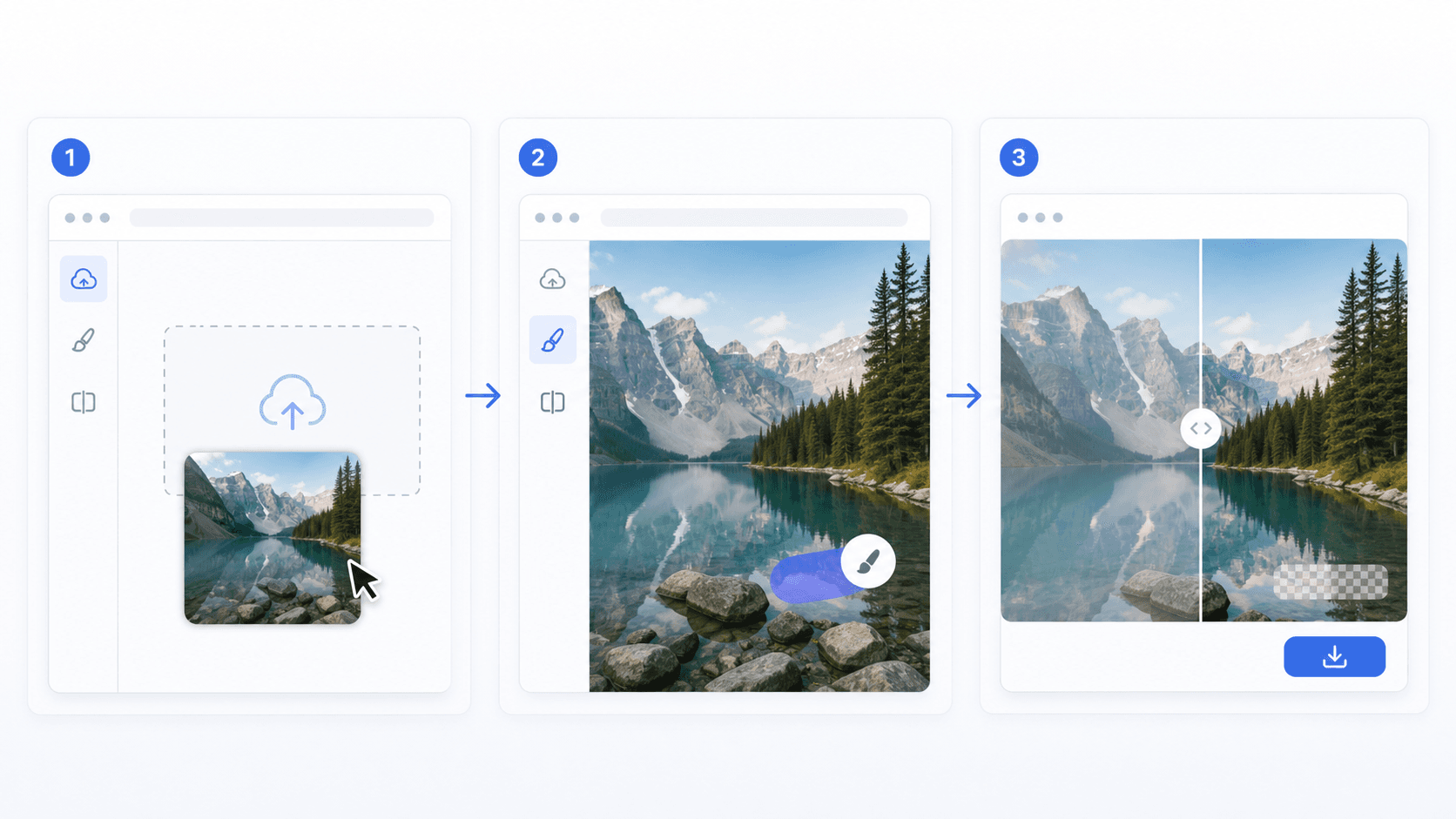 Three step tutorial showing image upload, watermark masking, and before after cleanup result
