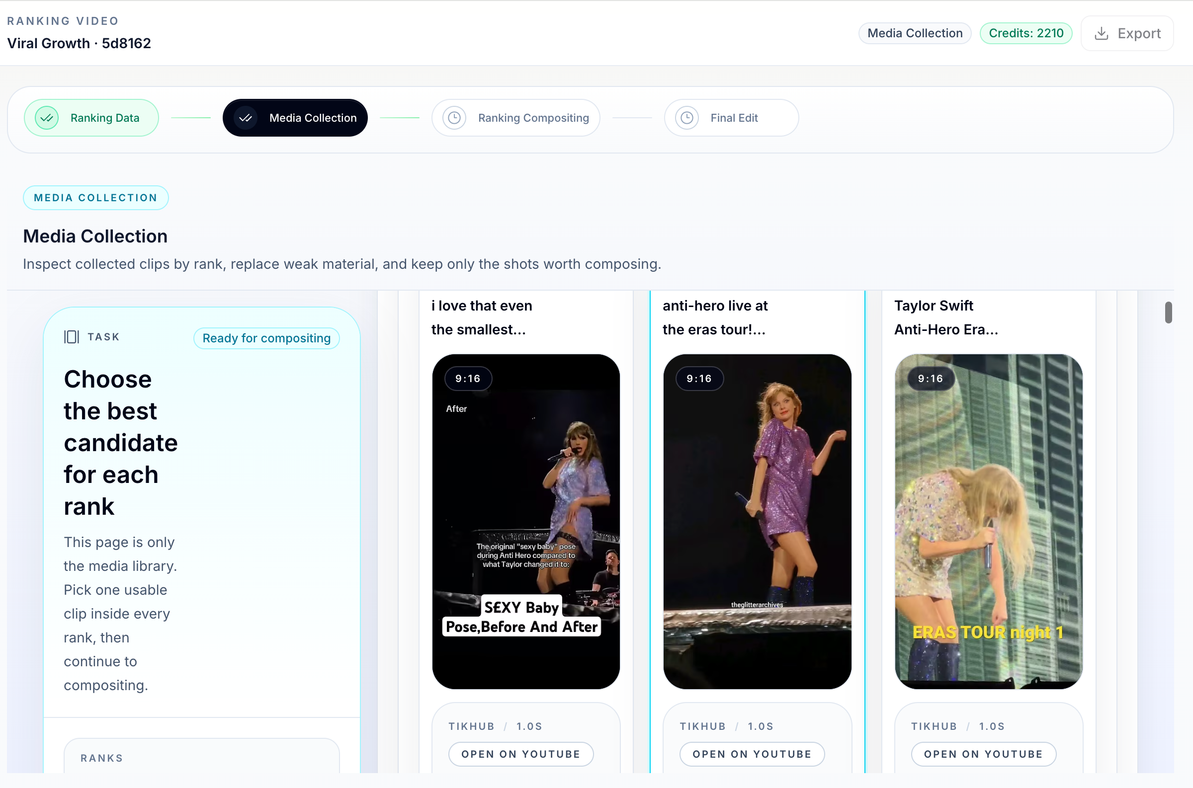 Media collection view for selecting the best clip per rank