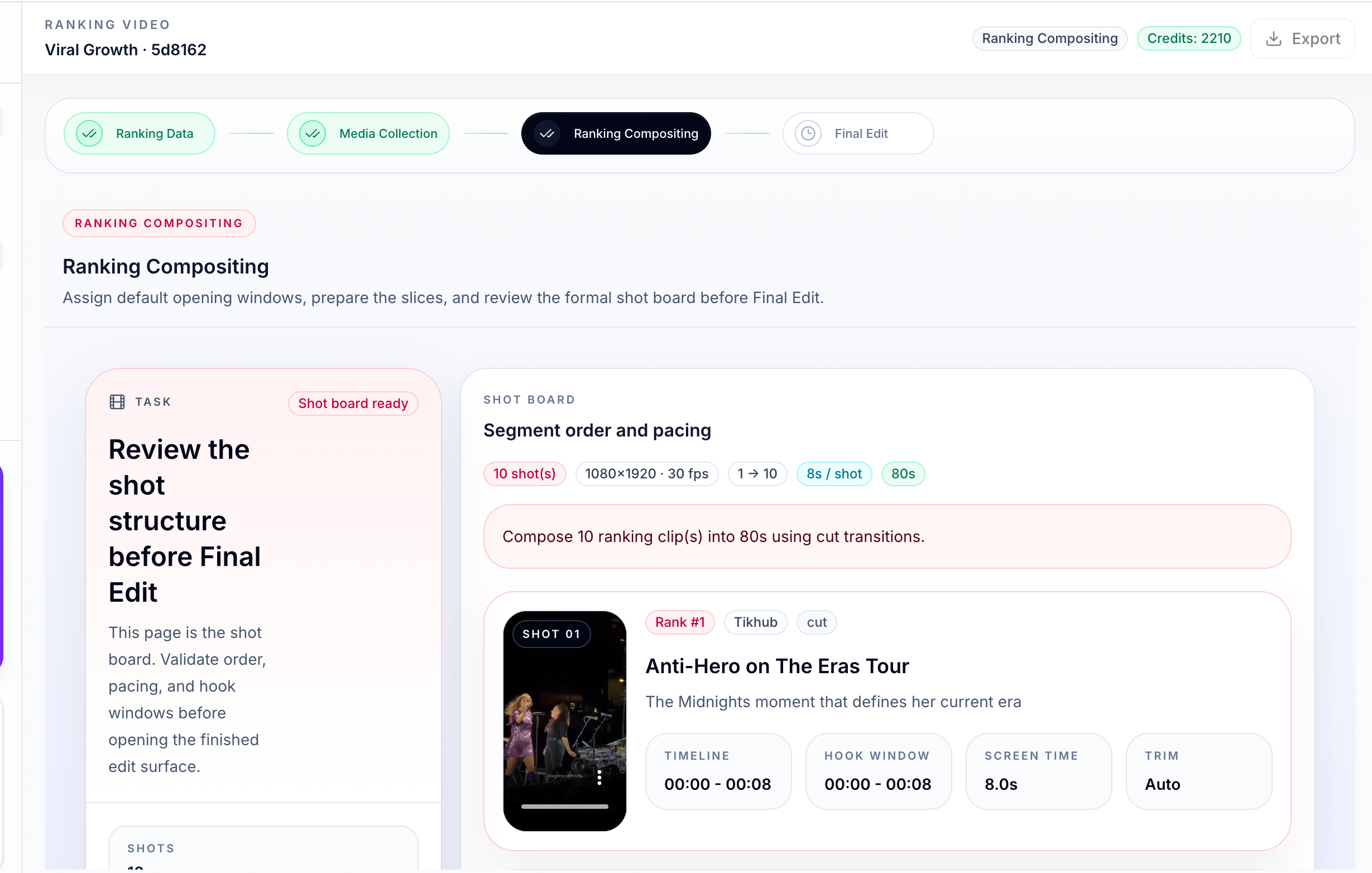 Ranking compositing shot board with fixed pacing