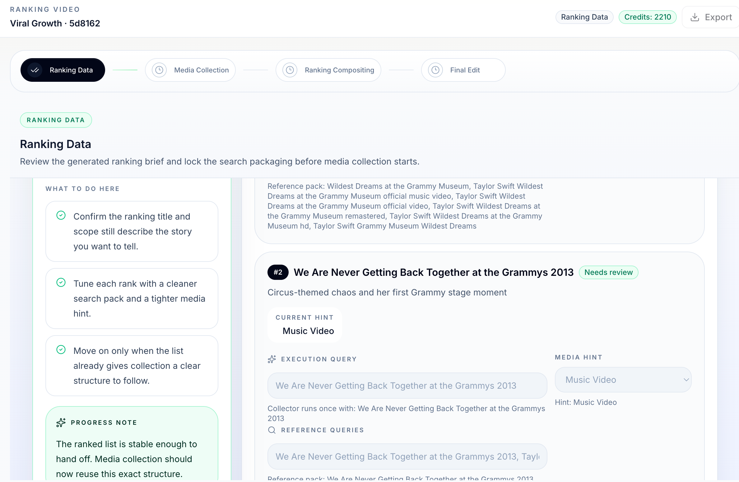 Ranking Data workflow for a Top 10 music video