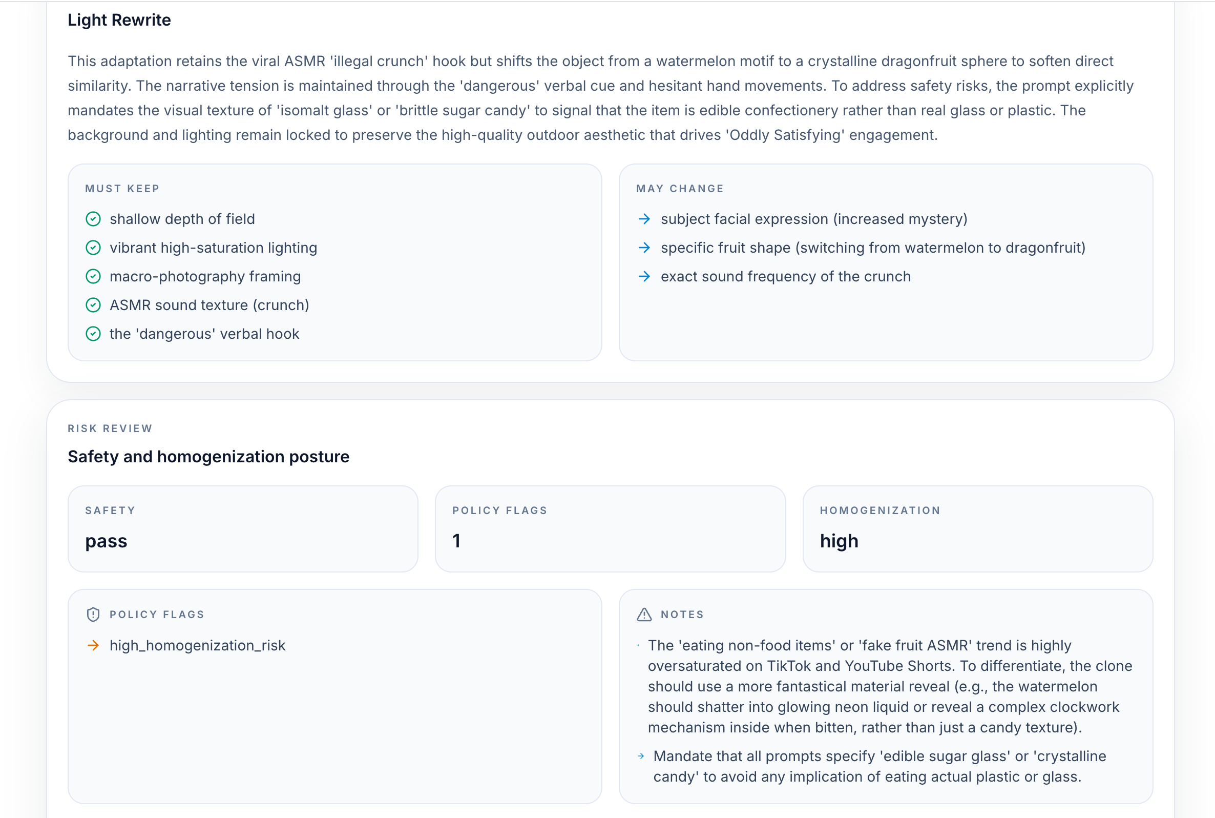 Fit analysis result showing eligibility status and video blueprint